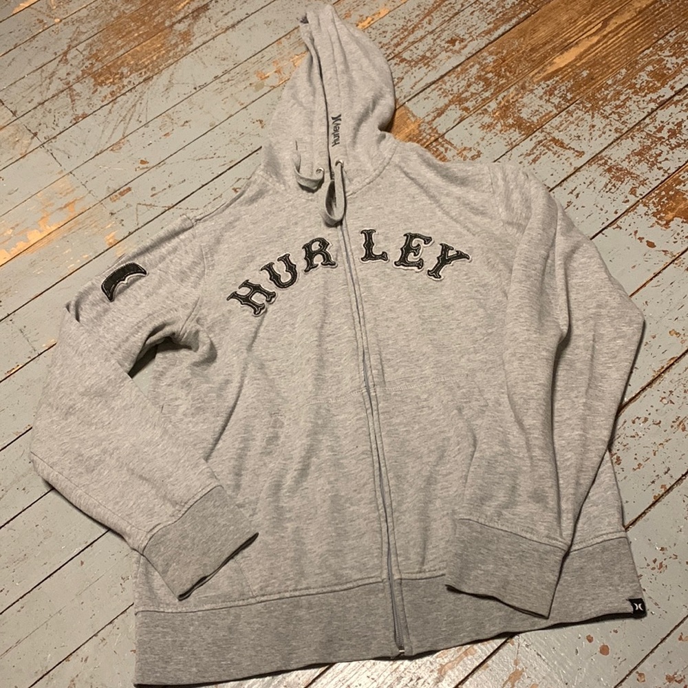 Hurley Light Gray Zip-Up Hoodie with Black Lettering